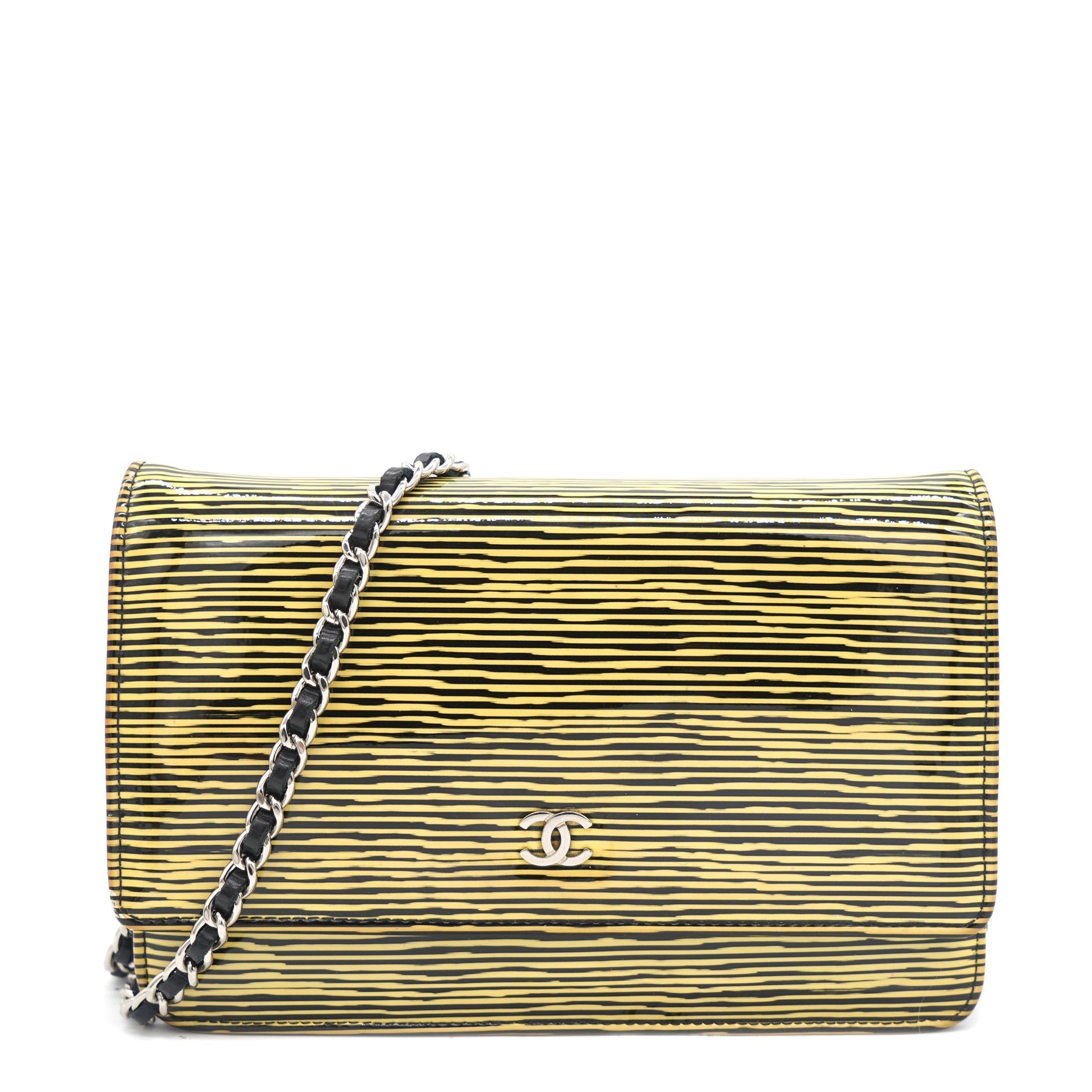 Chanel Yellow and Black Patent Calfskin Striped Wallet on Chain