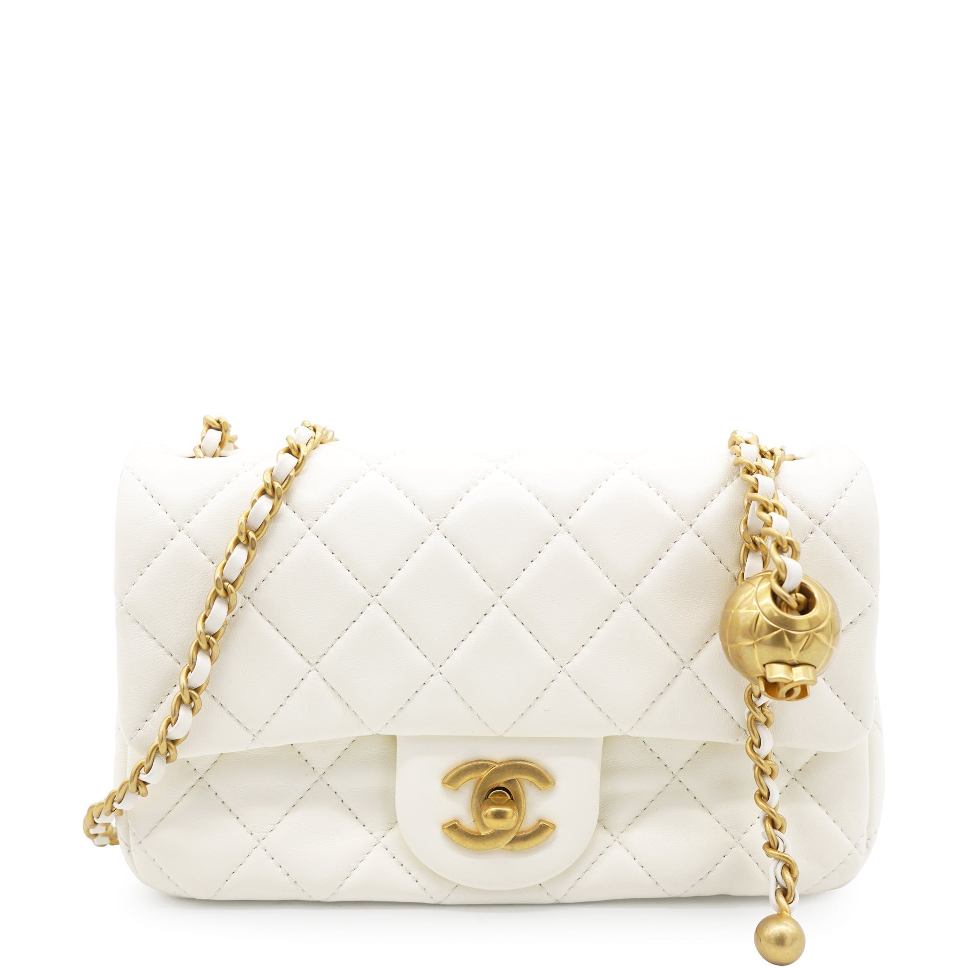 Chanel Pearl Crush Rectangular Flap Bag White Lambskin Antique Gold Hardware