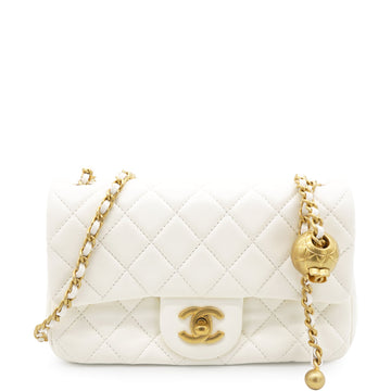Chanel Pearl Crush Rectangular Flap Bag White Lambskin Antique Gold Hardware