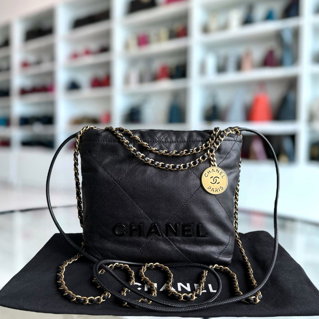 Chanel C22 Mini 22 Bag - Caviar Quilted Calfskin Crossbody Bag Gold Hardware Microchip