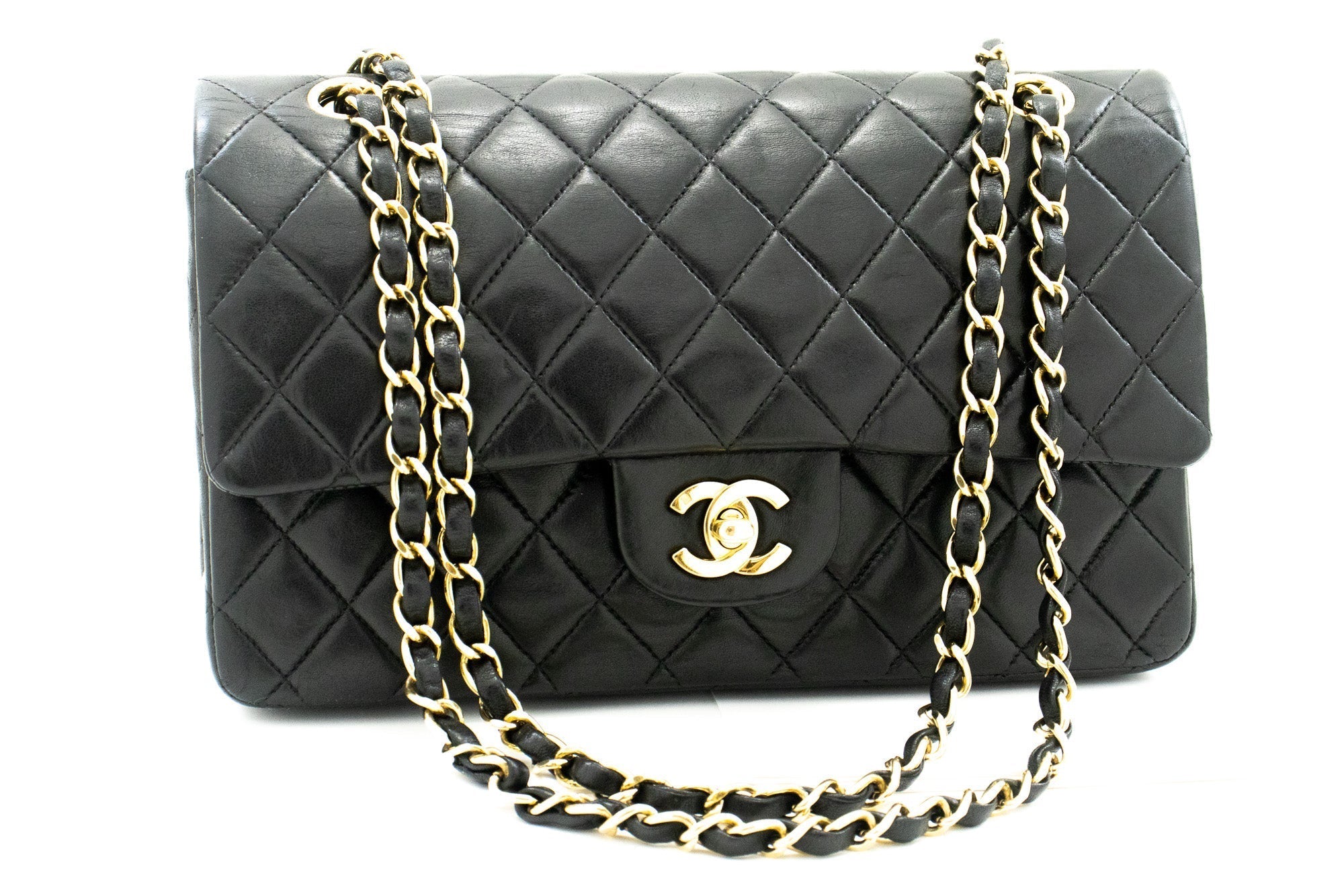 CHANEL Classic Double Flap Medium Chain Shoulder Bag Black Lamb k34
