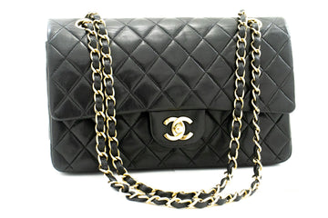 CHANEL Classic Double Flap Medium Chain Shoulder Bag Black Lamb k34
