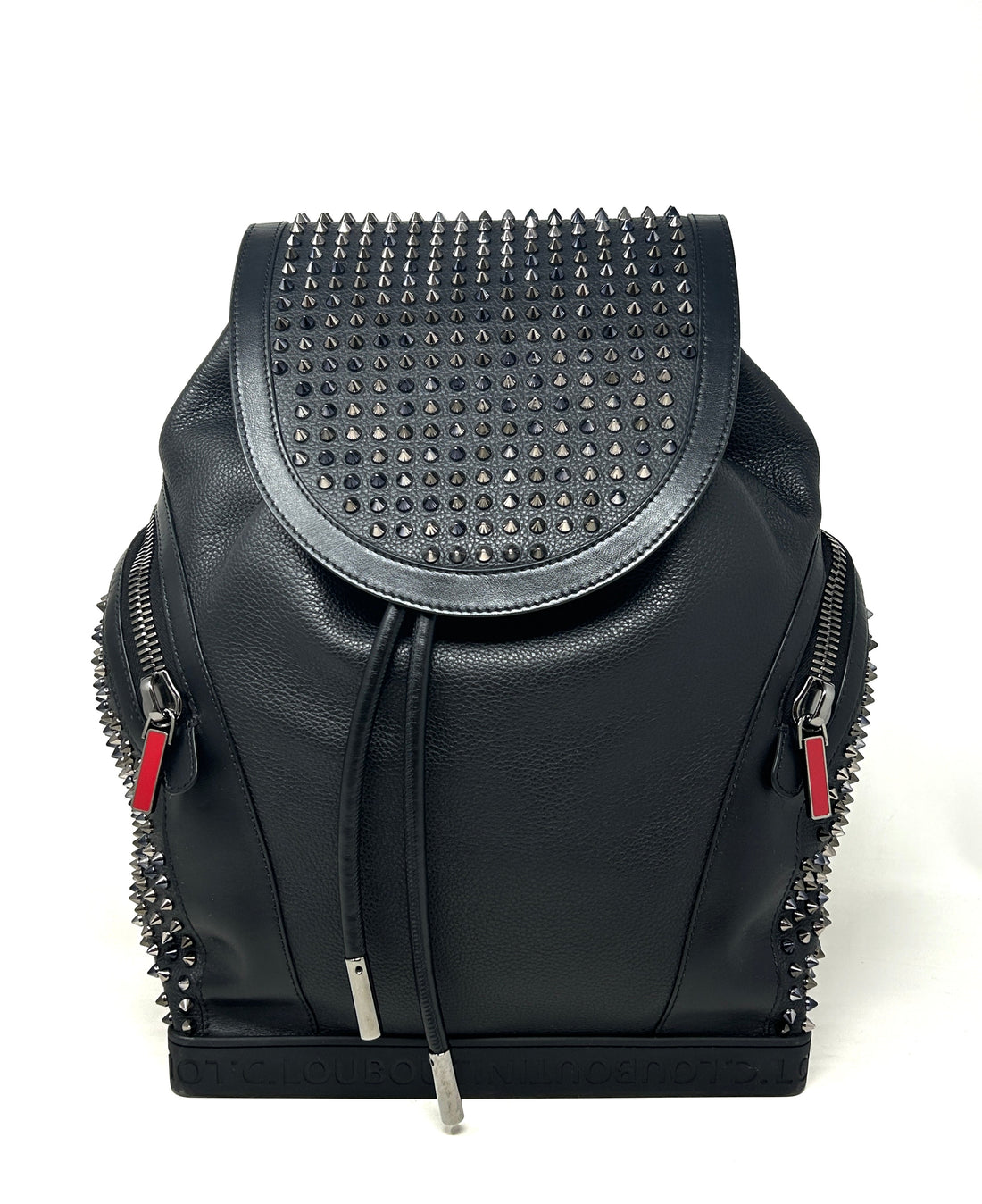 Christian Louboutin Explorafunk Black Leather Spike Drawstring Flap Backpack