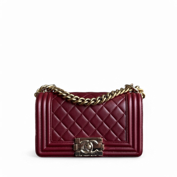 Chanel Boy Small - 20CM Quilted Lambskin Burgundy Dark Red Gold Harwdare Series 22