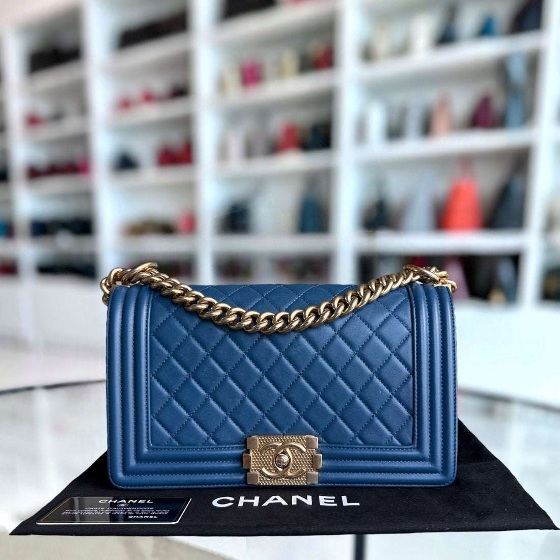Chanel Boy Medium - 25CM Quilted Lambskin Blue Gold Hardware Limited Edition Gold Hardware Series 23
