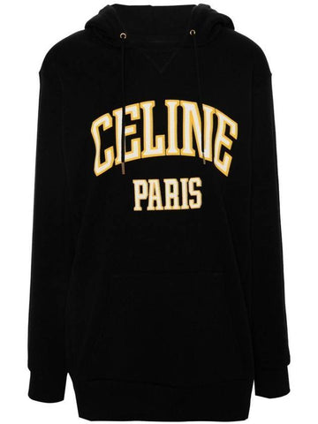 CELINE Logo Print Cotton Fleece Oversized Hoodie Black