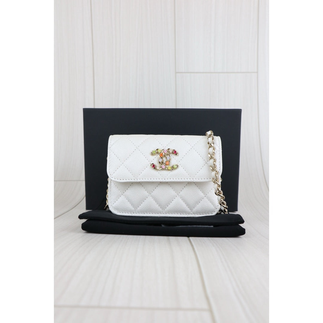 Very Good ( Rank A)? CHANEL Matelasse Chain Calf Leather Colour Rhinestone Mini WOC White  IC Chips Model ?W25062903