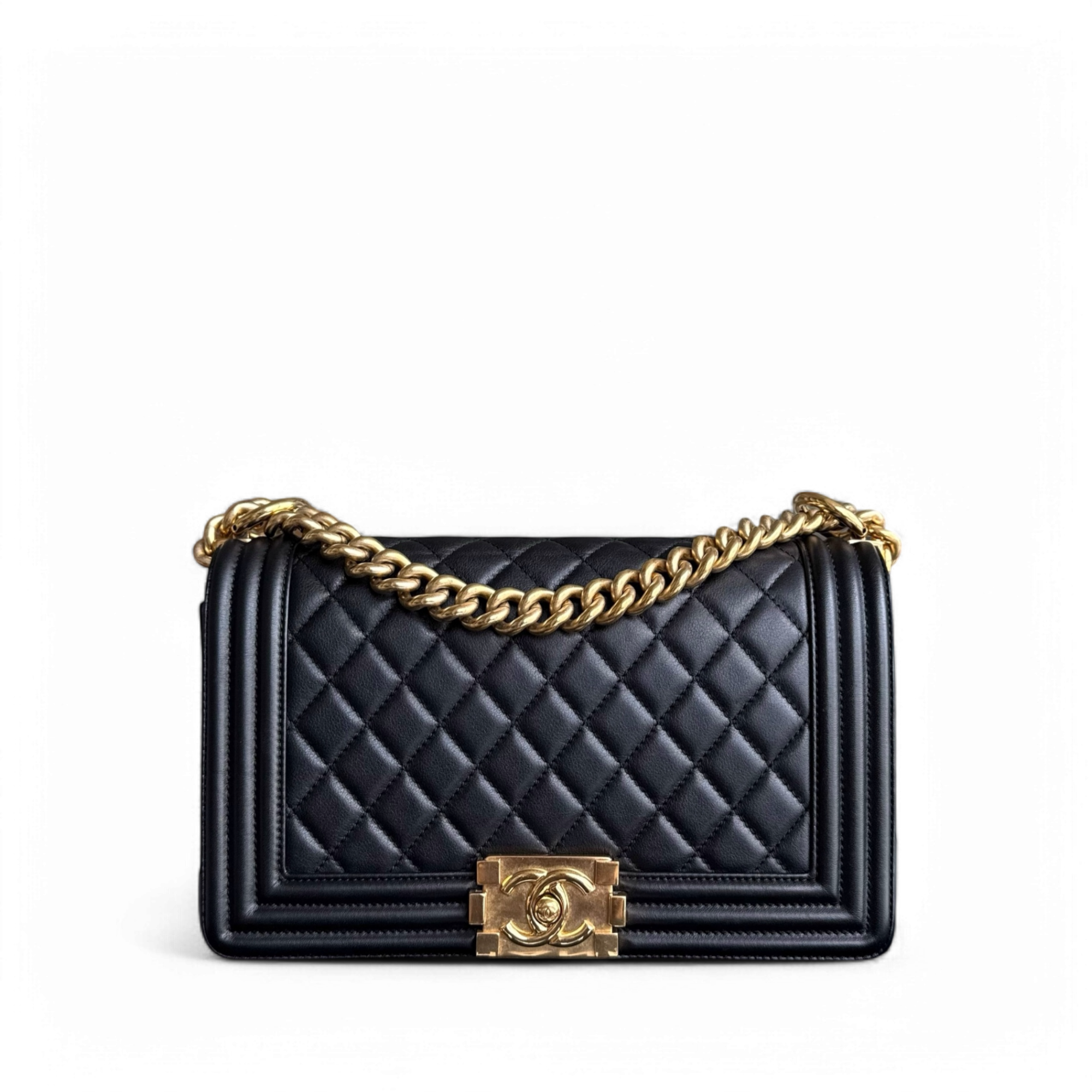 Chanel Boy Medium - 25CM Quilted Calfskin Black Gold Hardware Series 20