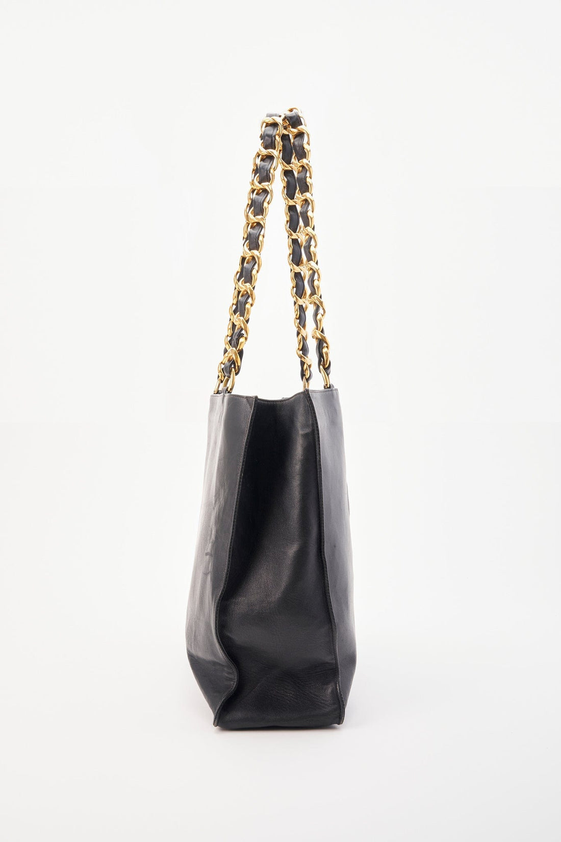 Vintage Chanel Black Leather Tote Bag with Chunky Gold Hardware