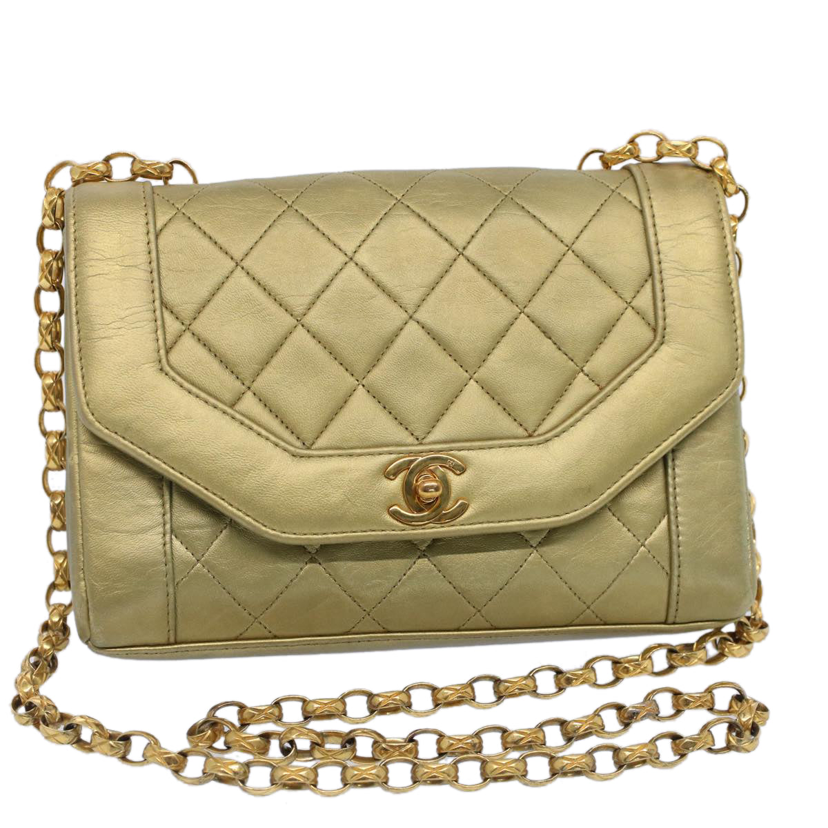 Top Quality Chanel Matelasse Turn Lock Chain Shoulder Bag Lamb Skin Gold CC Auth 51274A