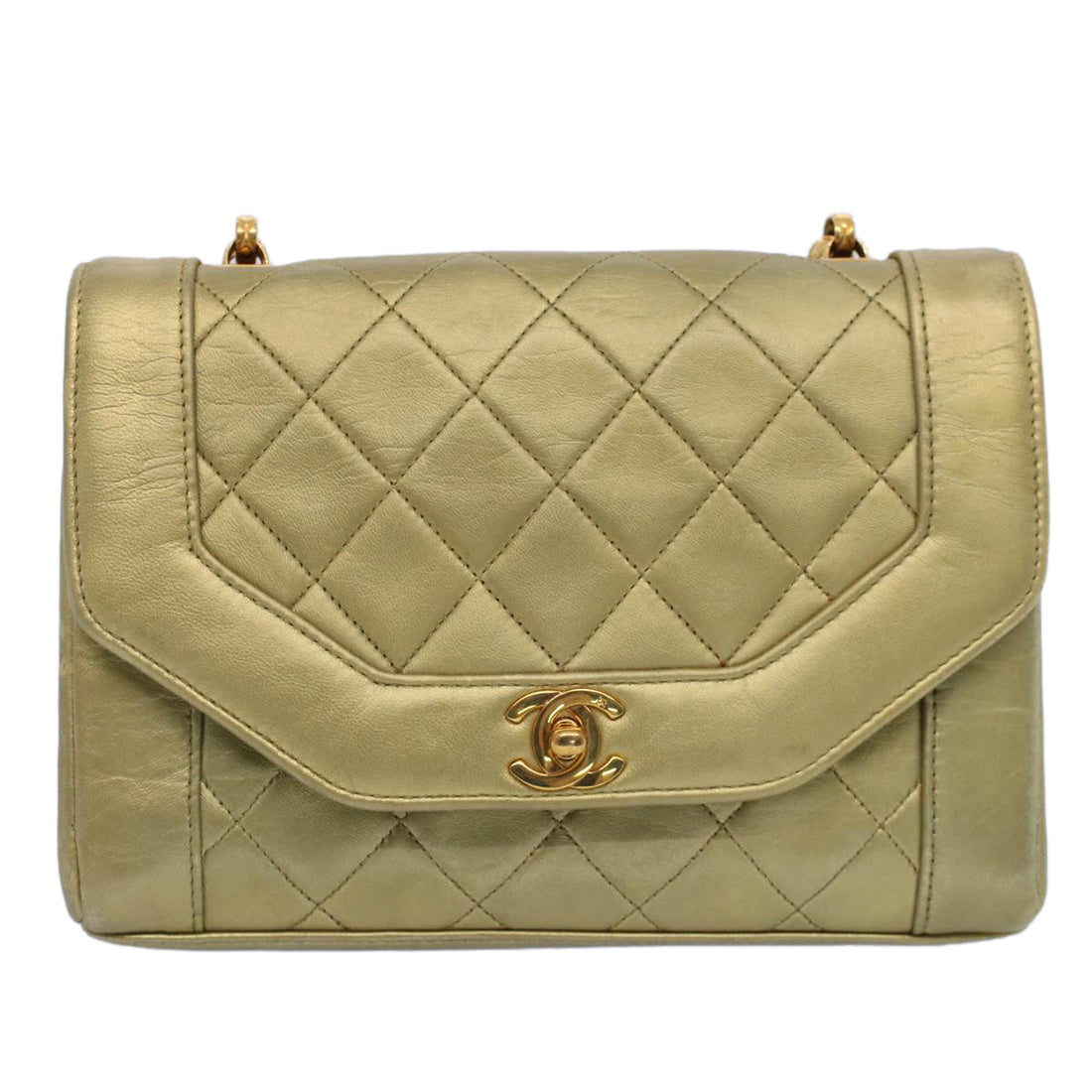 Top Quality Chanel Matelasse Turn Lock Chain Shoulder Bag Lamb Skin Gold CC Auth 51274A
