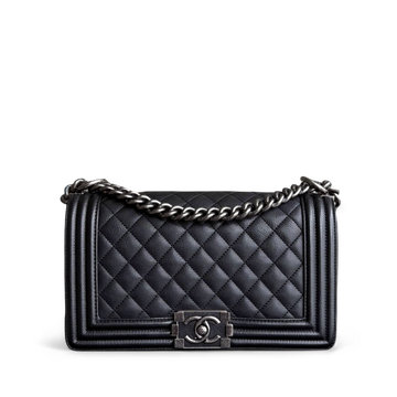 Chanel Boy Medium - Grained Calfskin 25CM Quilted Black Ruthenium Silver Hardware Series 23