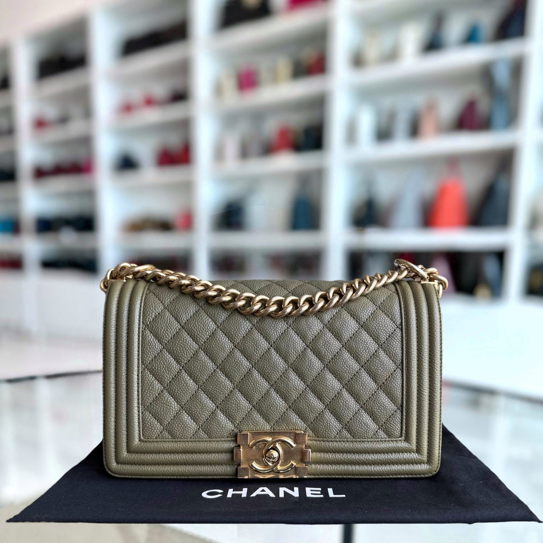 Chanel Boy Medium - Caviar 25CM Quilted Green Gold Hardware