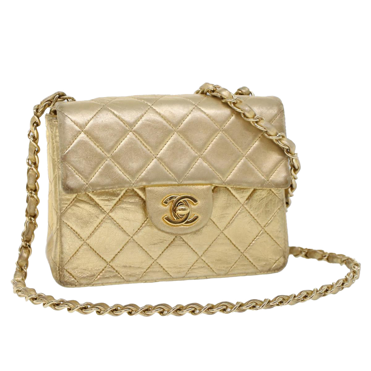 Top Quality Chanel Matelasse Turn Lock Chain Shoulder Bag Lamb Skin Gold CC Auth 53752A