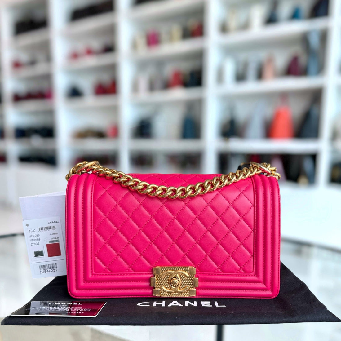Chanel Boy Medium - 25CM Quilted Lambskin Hot Pink Gold Hardware Series 23