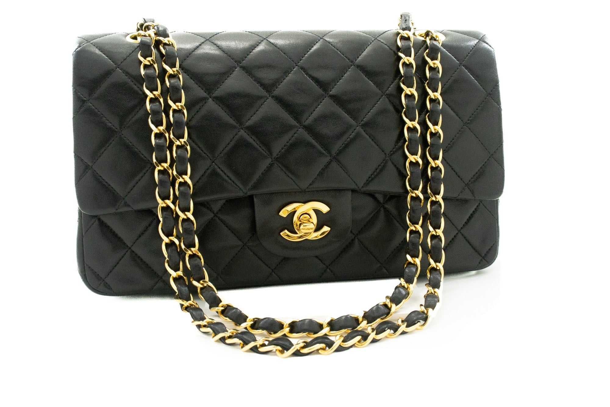 CHANEL Classic Double Flap 10" Chain Shoulder Bag Black Lambskin k39