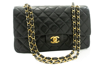 CHANEL Classic Double Flap 10" Chain Shoulder Bag Black Lambskin k39