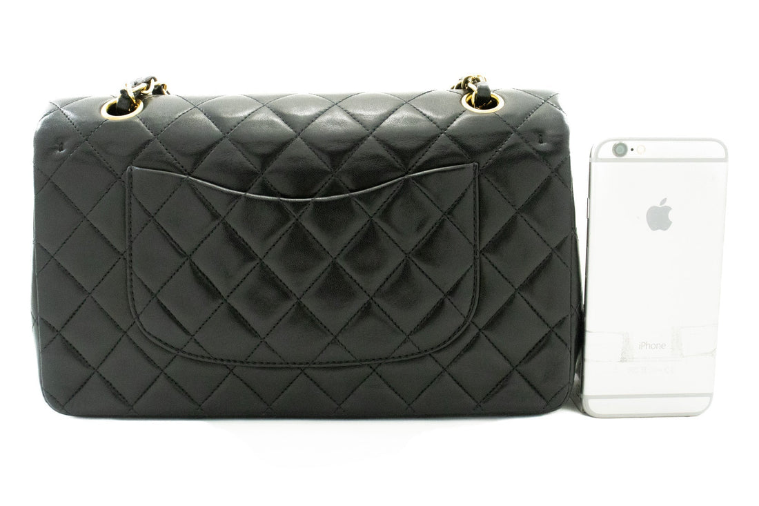 CHANEL Classic Double Flap 10" Chain Shoulder Bag Black Lambskin k39