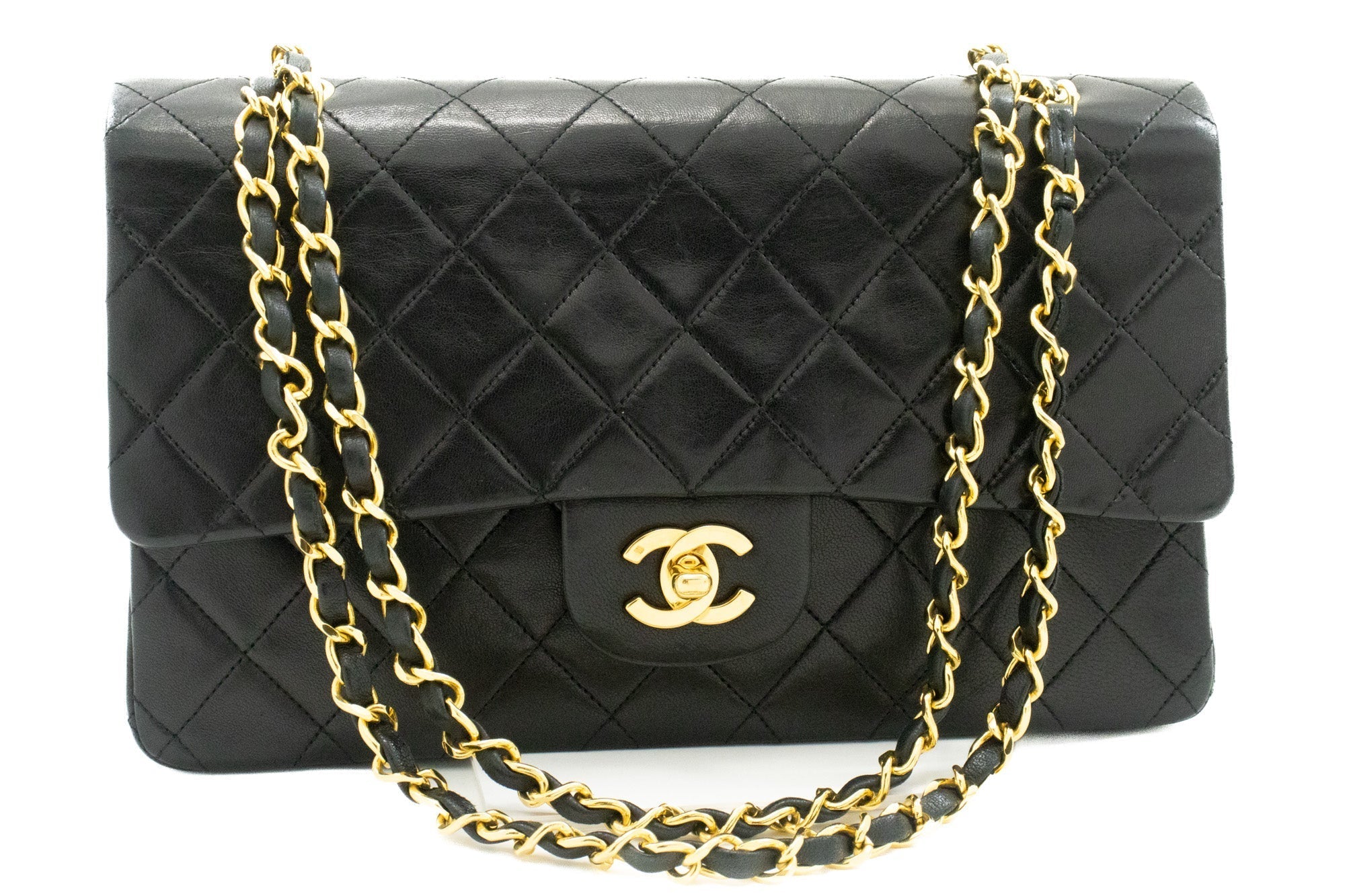 CHANEL Classic Double Flap 10" Chain Shoulder Bag Black Lambskin k46