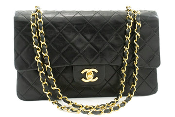 CHANEL Classic Double Flap 10" Chain Shoulder Bag Black Lambskin k46