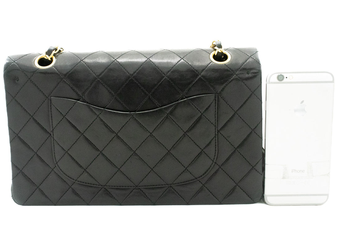 CHANEL Classic Double Flap 10" Chain Shoulder Bag Black Lambskin k46