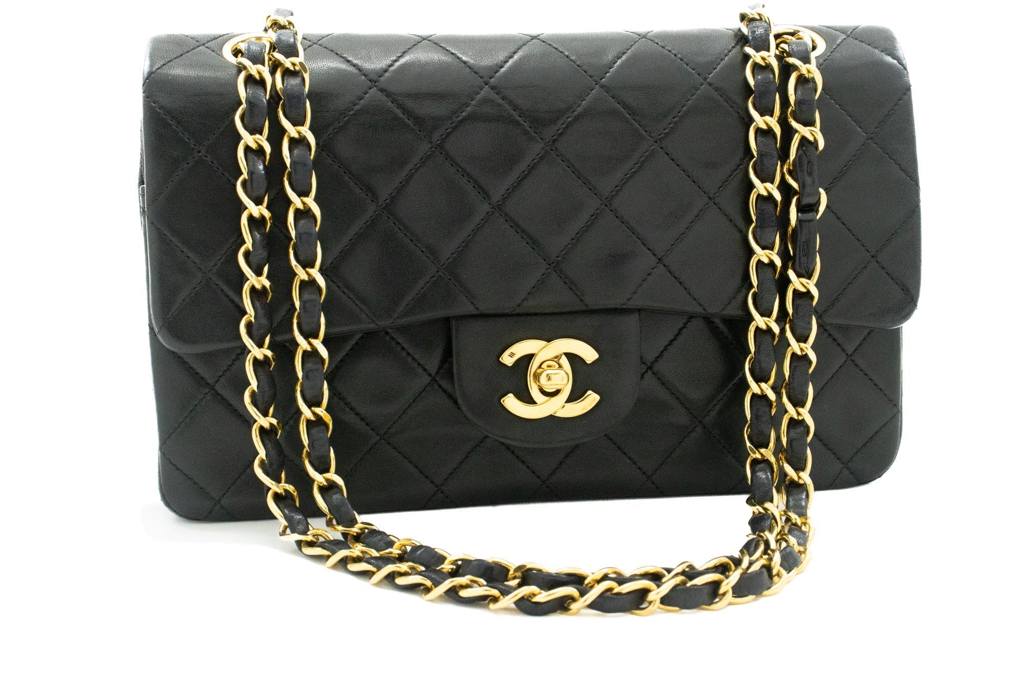 CHANEL Classic Double Flap 9" Chain Shoulder Bag Black Lambskin j57