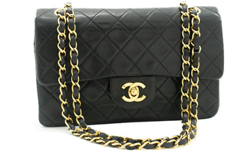 CHANEL Classic Double Flap 9" Chain Shoulder Bag Black Lambskin j57