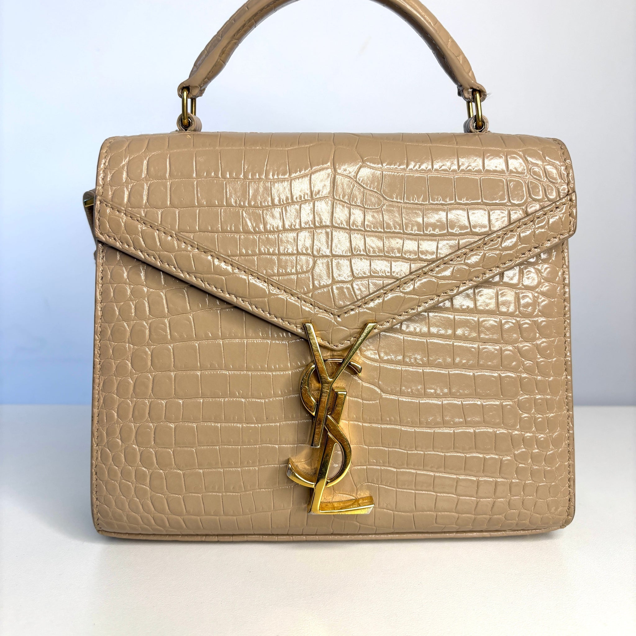 Saint Laurent YSL Crocodile Embossed Mini Classic Monogram Cassandra Nude Top Handle Bag Preloved