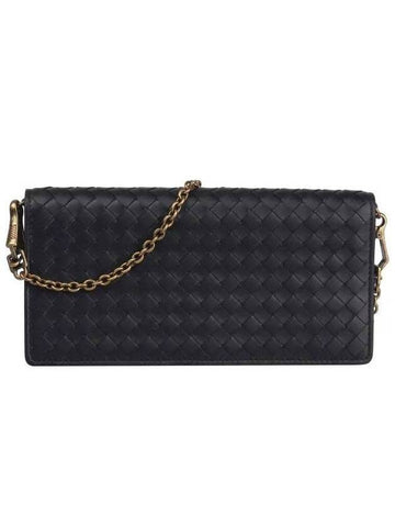 Bottega Veneta Leather Intrecciato Chain Shoulder Bag Black