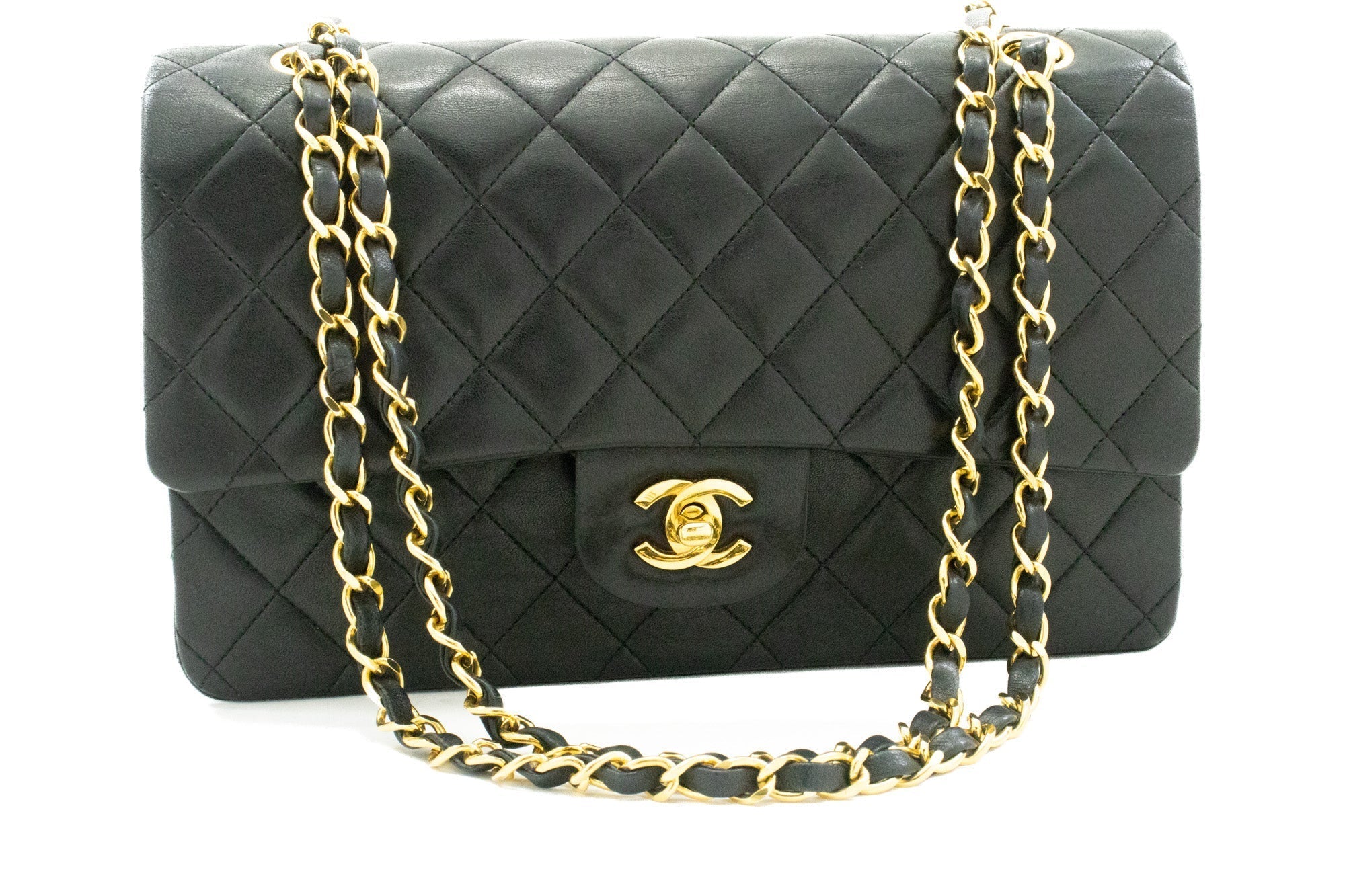 CHANEL Classic Double Flap 10" Chain Shoulder Bag Black Lambskin k62