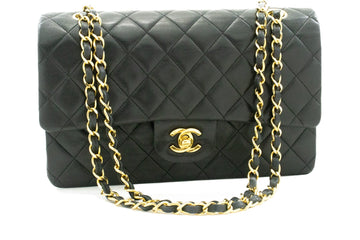 CHANEL Classic Double Flap 10" Chain Shoulder Bag Black Lambskin k62