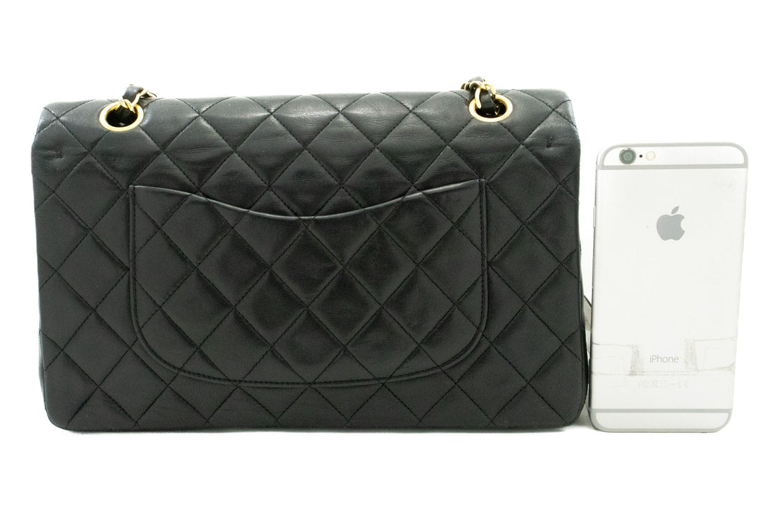 CHANEL Classic Double Flap 10" Chain Shoulder Bag Black Lambskin k62
