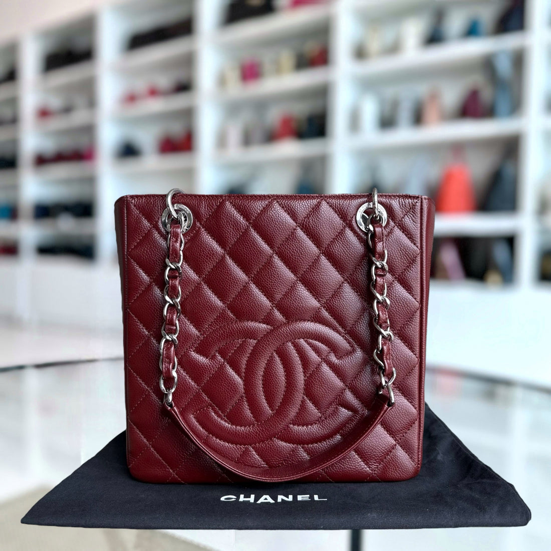 Chanel PST Petite Shopping Tote - Caviar Quilted Burgundy Dark Red Silver Hardware Series 18