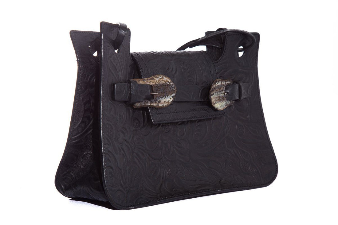 Fendi Vintage Black Leather Embossed Flower Handle Bag