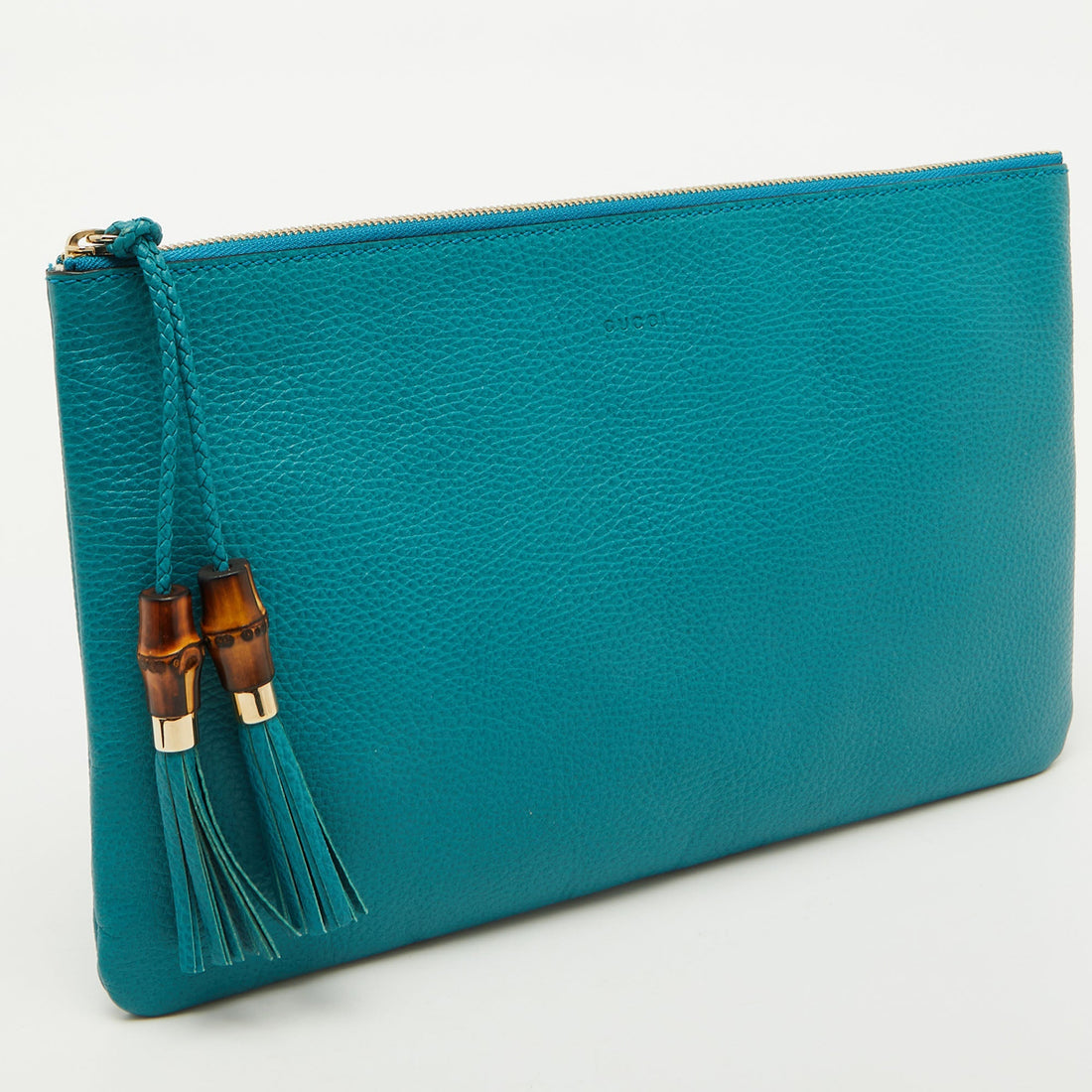 Gucci Teal Blue Leather Bamboo Braided Tassel Zip Clutch