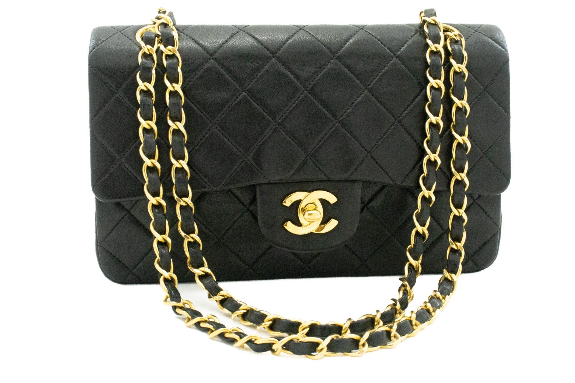 CHANEL Classic Double Flap 9" Chain Shoulder Bag Black Lambskin k51