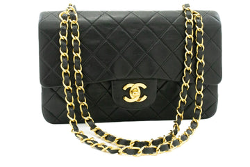 CHANEL Classic Double Flap 9" Chain Shoulder Bag Black Lambskin k51