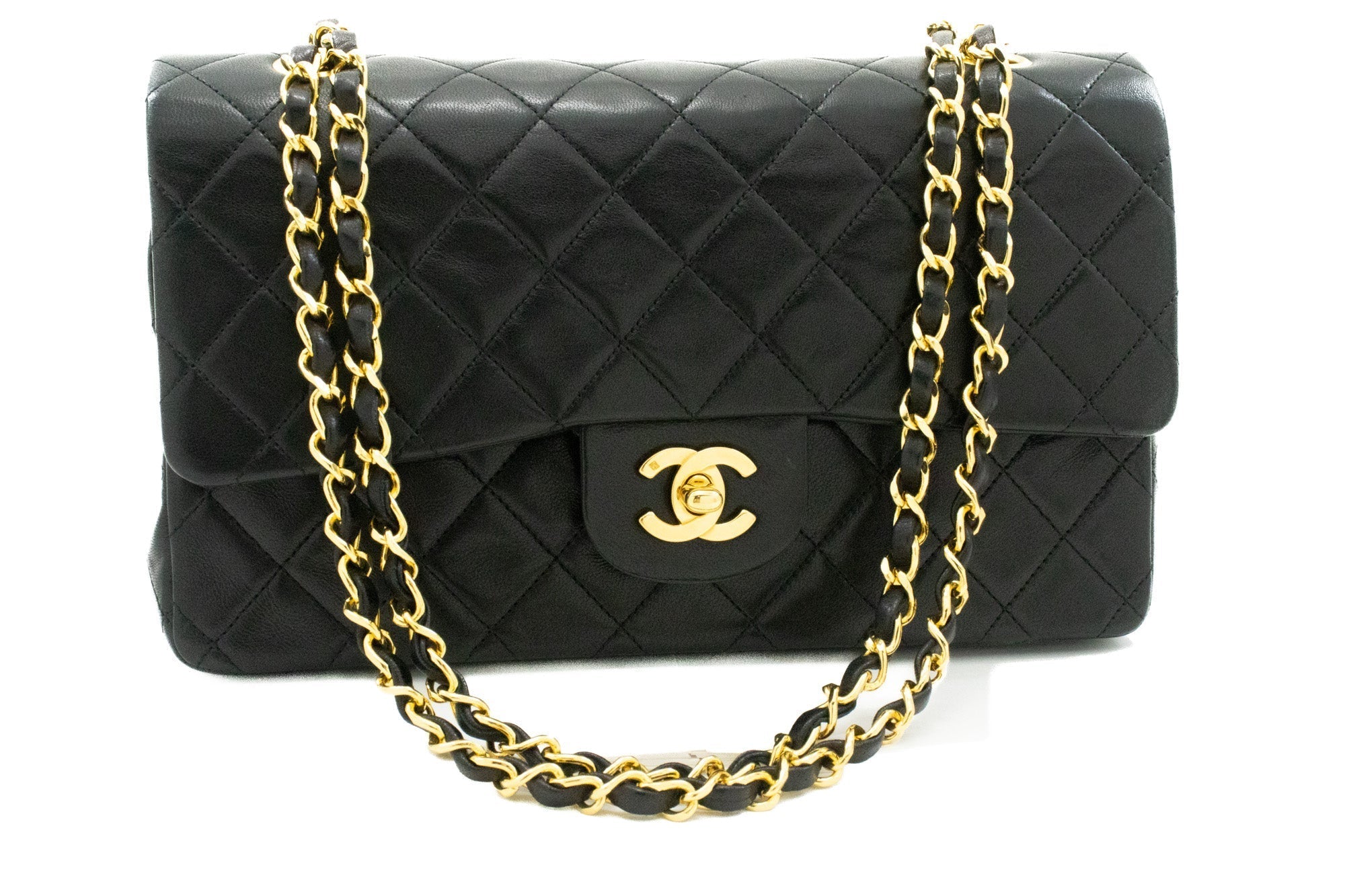 CHANEL Classic Double Flap 10" Chain Shoulder Bag Black Lambskin k60