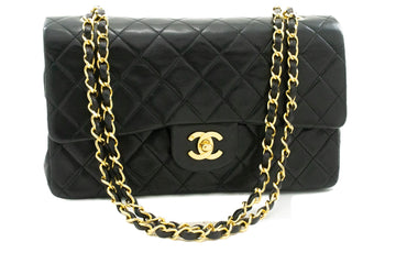 CHANEL Classic Double Flap 10" Chain Shoulder Bag Black Lambskin k60