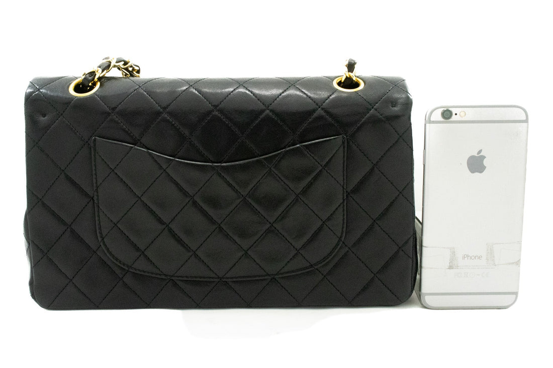 CHANEL Classic Double Flap 10" Chain Shoulder Bag Black Lambskin k60