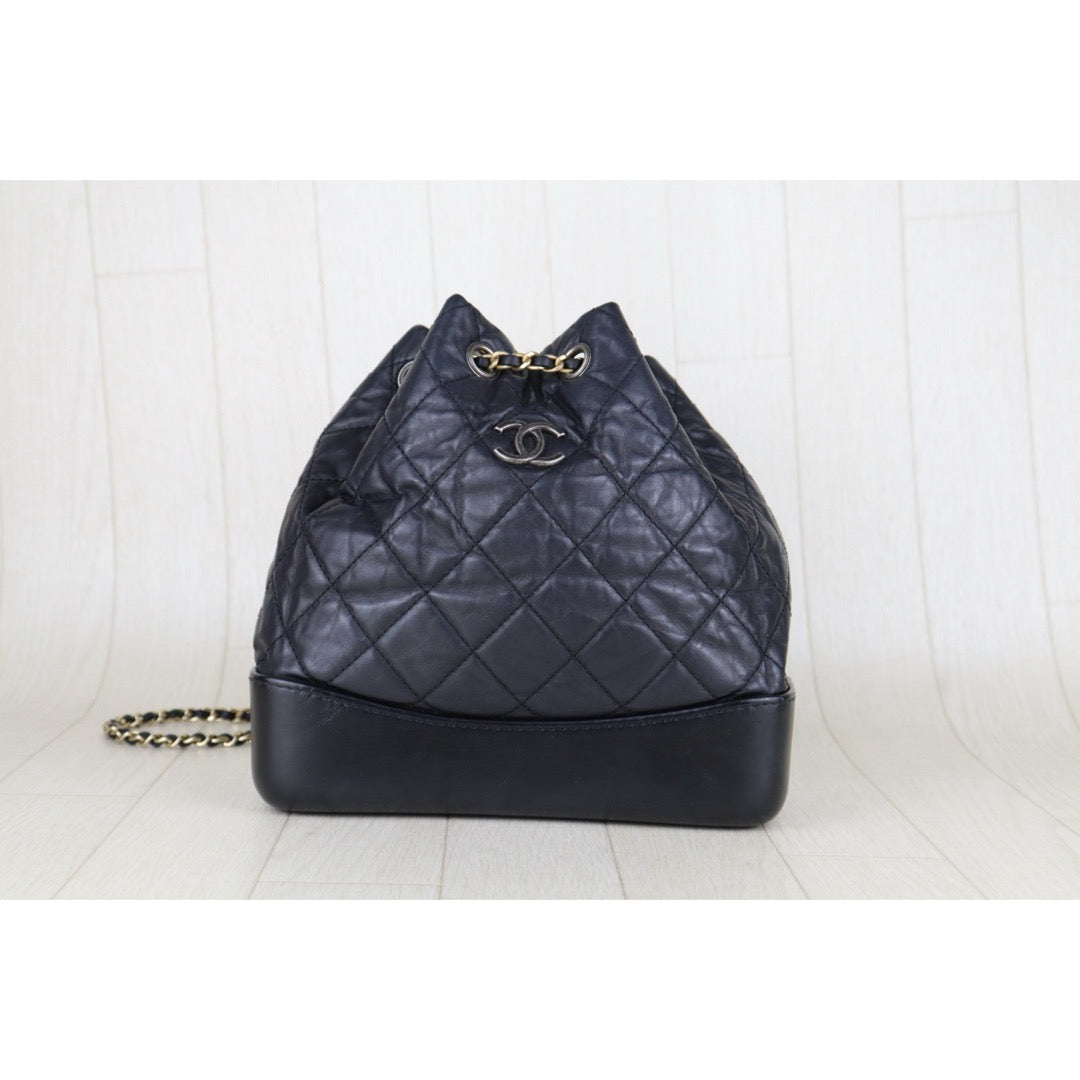 Good ( Rank AB)?CHANE Calf Leather Gabrielle Aged Backpack PM Black Made in 2018Year?H25063009