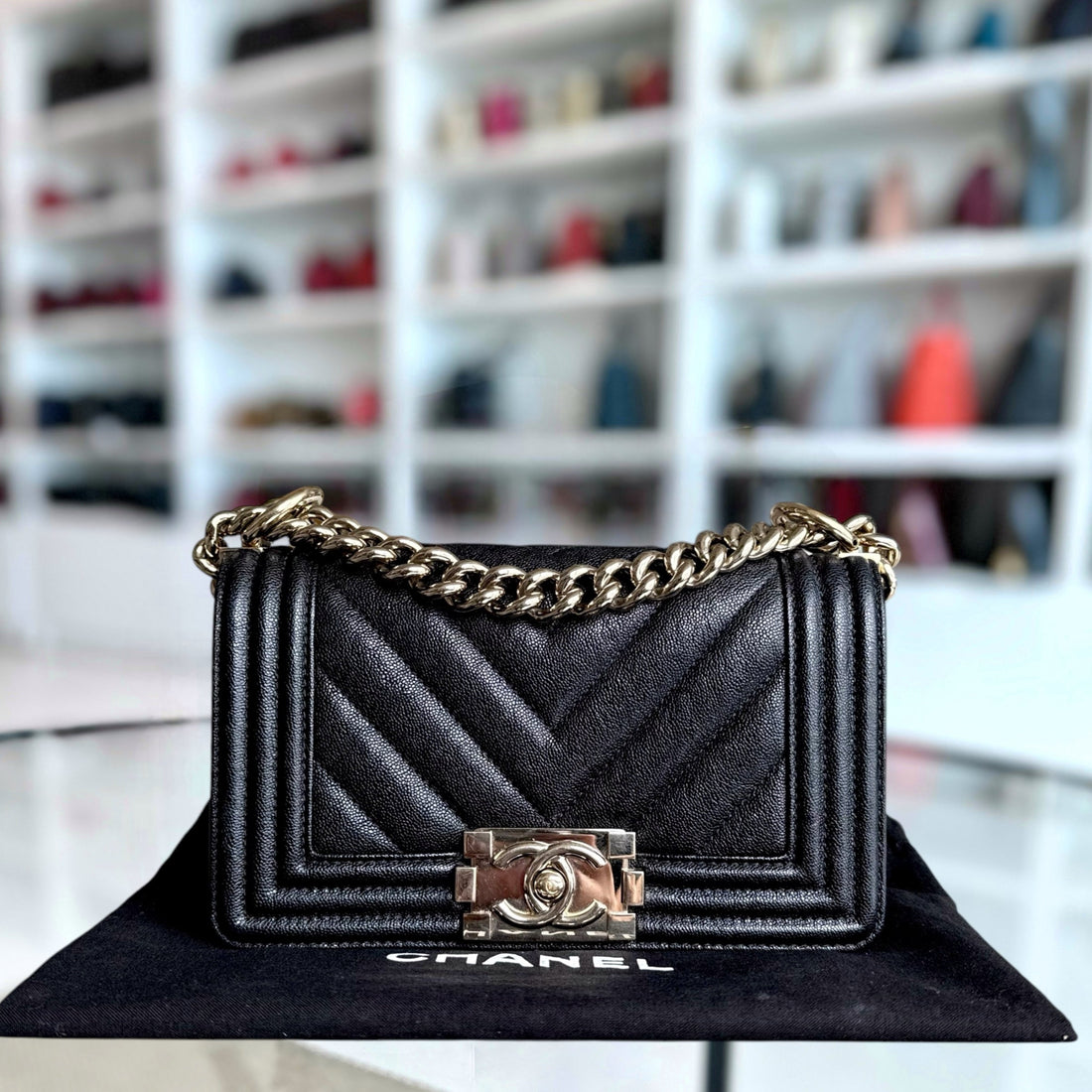 Chanel Boy Small - Caviar 20CM Chevron Black Shiny Gold Hardware Series 27