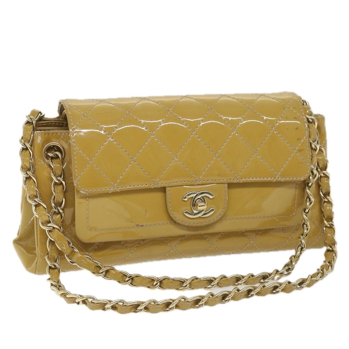 Top Quality Chanel Matelasse Chain Shoulder Bag Patent leather Yellow CC Auth 58350A
