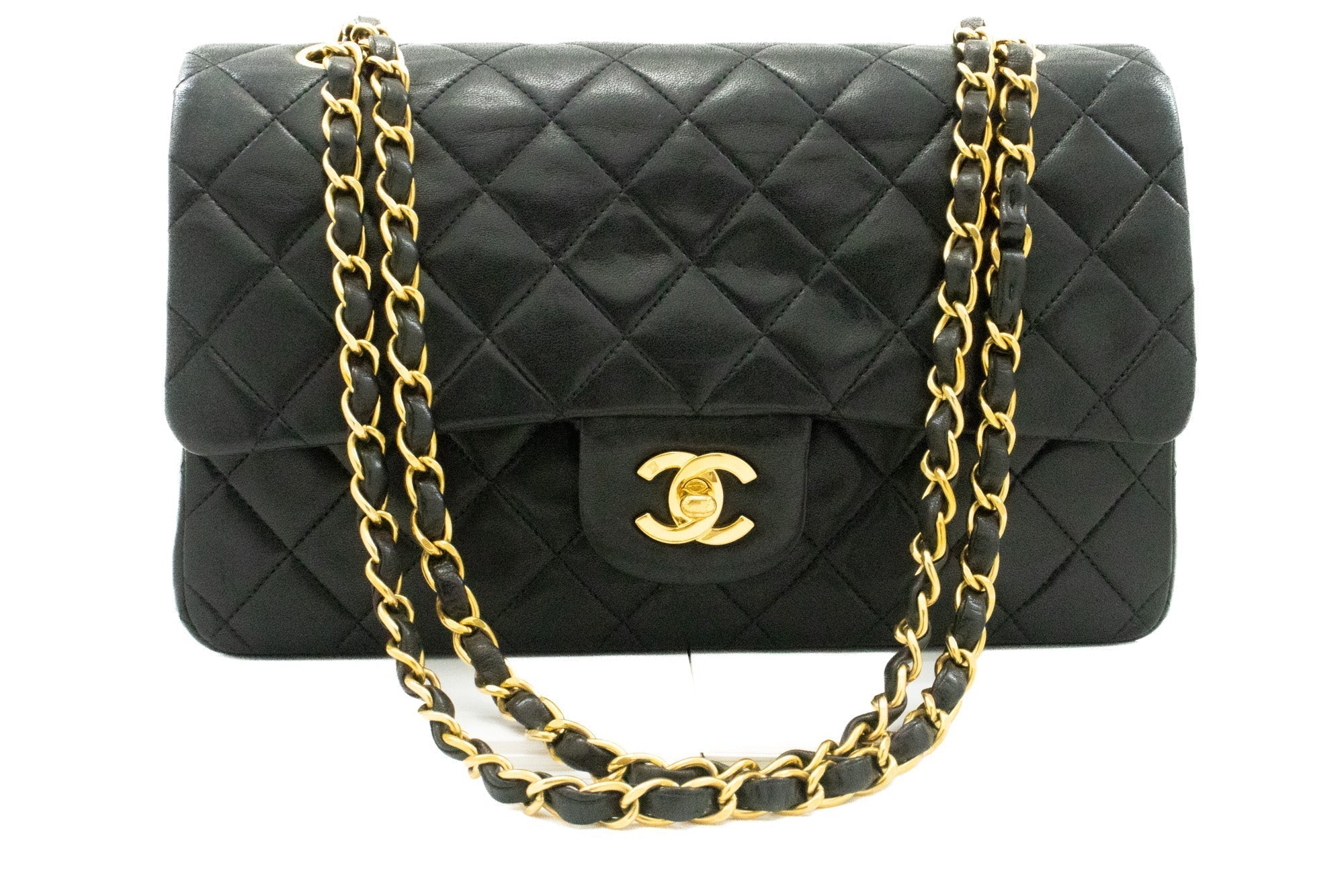 CHANEL Classic Double Flap 10" Chain Shoulder Bag Black Lambskin k49