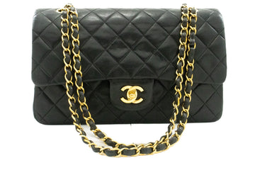 CHANEL Classic Double Flap 10" Chain Shoulder Bag Black Lambskin k49