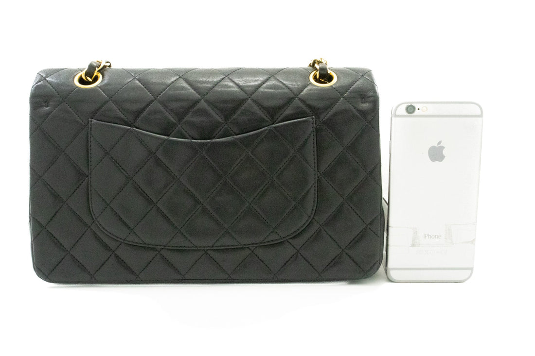 CHANEL Classic Double Flap 10" Chain Shoulder Bag Black Lambskin k49
