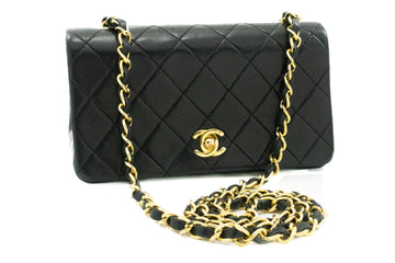 CHANEL Full Flap Chain Shoulder Bag Crossbody Black Quilted Lamb k64
