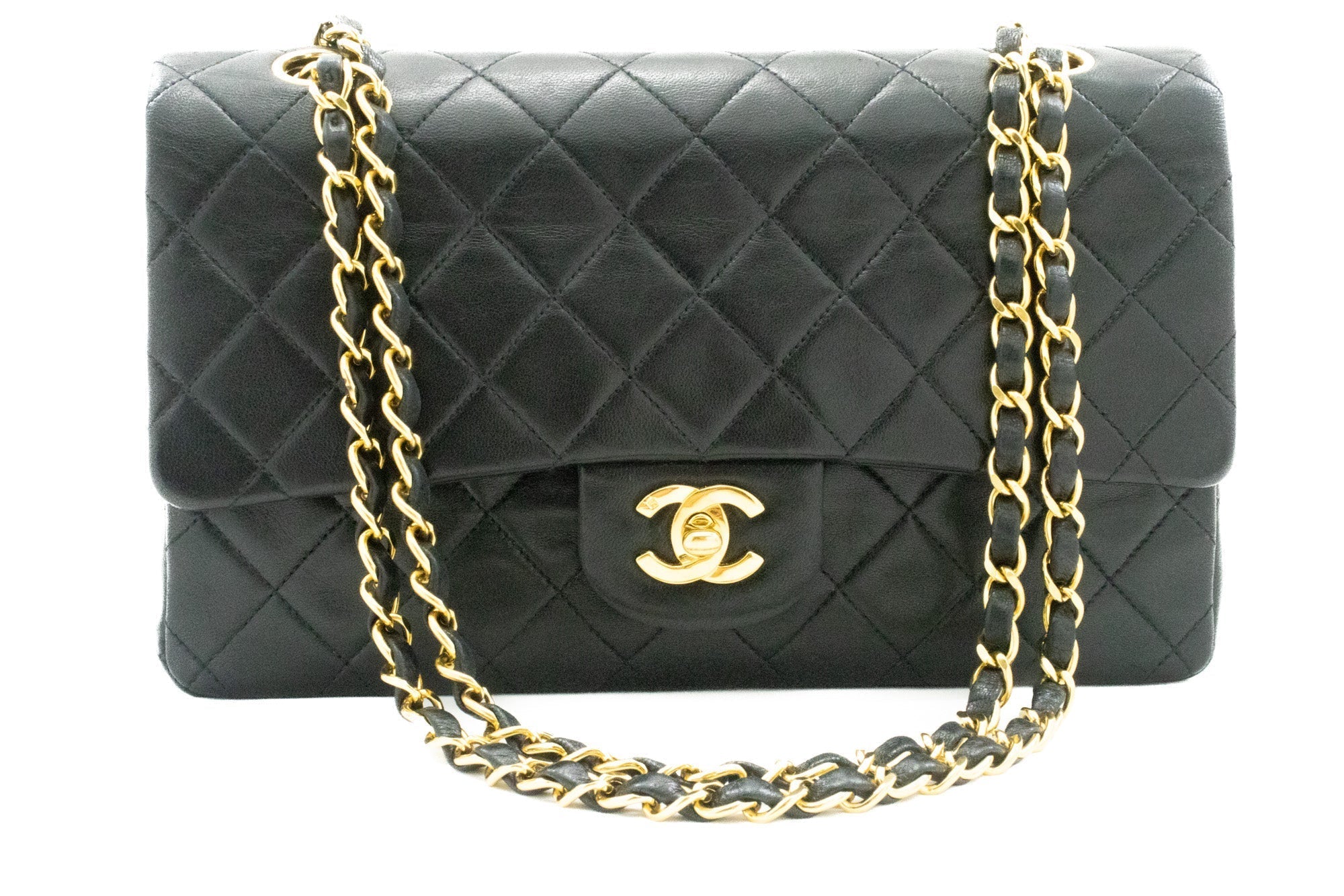 CHANEL Classic Double Flap 10" Chain Shoulder Bag Black Lambskin k66