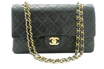 CHANEL Classic Double Flap 10" Chain Shoulder Bag Black Lambskin k66