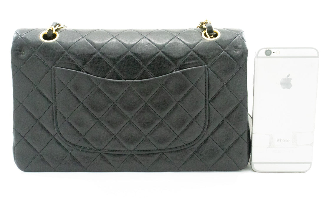 CHANEL Classic Double Flap 10" Chain Shoulder Bag Black Lambskin k66